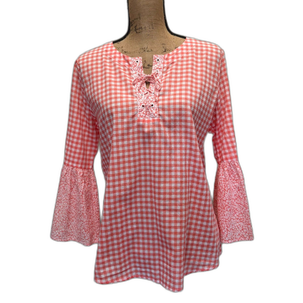 St.‎ John's Bay Pink Gingham Blouse Bell Sleeve Floral Cottagecore Size Small